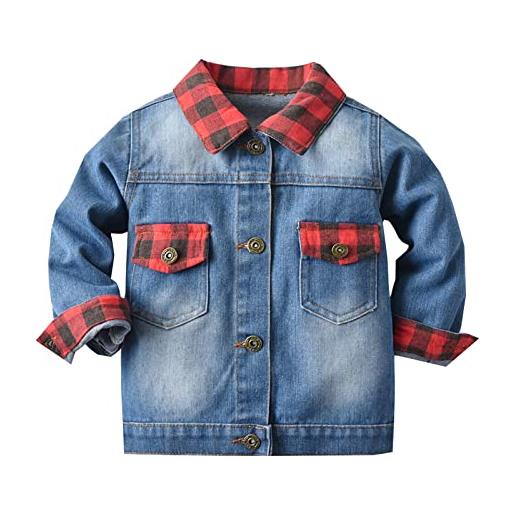Rubu22a maglione per bambini, a quadretti rossi, per autunno e inverno, a maniche lunghe, in jeans, per ragazzi, blu, 2-3 anni