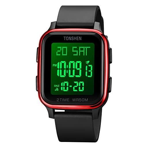 TONSHEN uomo e donne orologio sportivo impermeabile led elettronico doppio tempo allarme cronometro outdoor militare digitale plastica orologi da polso (rosso)