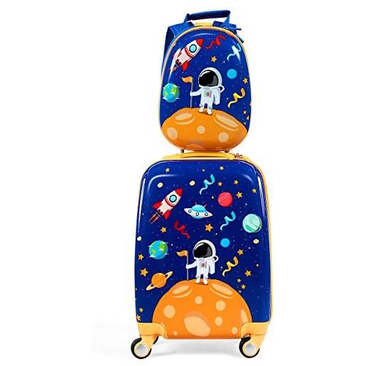 RELAX4LIFE 2 in 1 set di valigie per bambini, trolly 18''+zaino 12'', valigia trolley con ruote girevoli, zaino con piedini in plastica (astronauta)