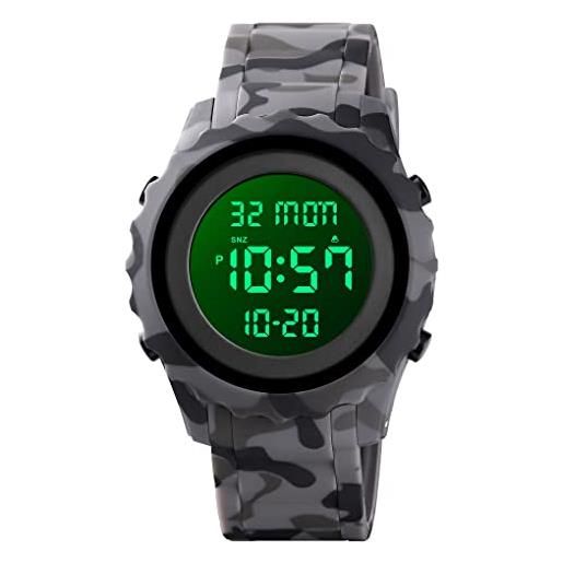 TONSHEN orologio unisex sportivo impermeabile led elettronico doppio tempo allarme cronometro outdoor militare digitale orologi da polso (grigio)
