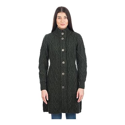 SAOL cardigan irlandese in 100% lana merino da donna con bottoni a nodo celtico - aran long outdoor cable knit coatigan, verde militare, xl