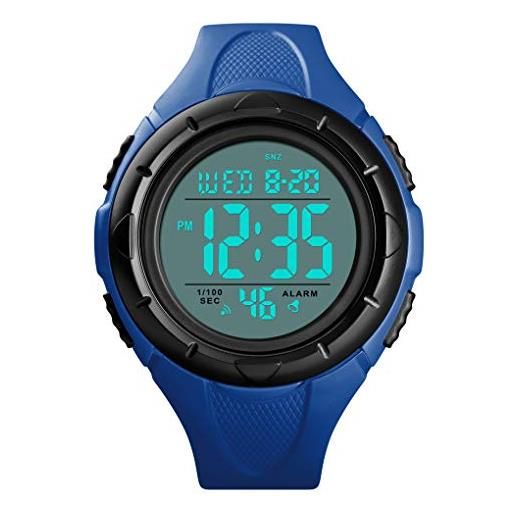 TONSHEN multifunzione outdoor sportivo orologio uomo 50m impermeabile led elettronico doppio tempo allarme cronometro digitale militare orologi da polso (blu)