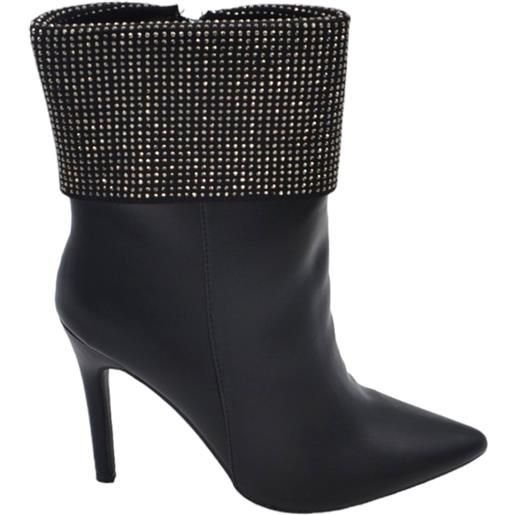 Malu Shoes tronchetto stivaletto nero donna aderente a punta tacco sottile 12 alla caviglia risvolto con strass argento zip