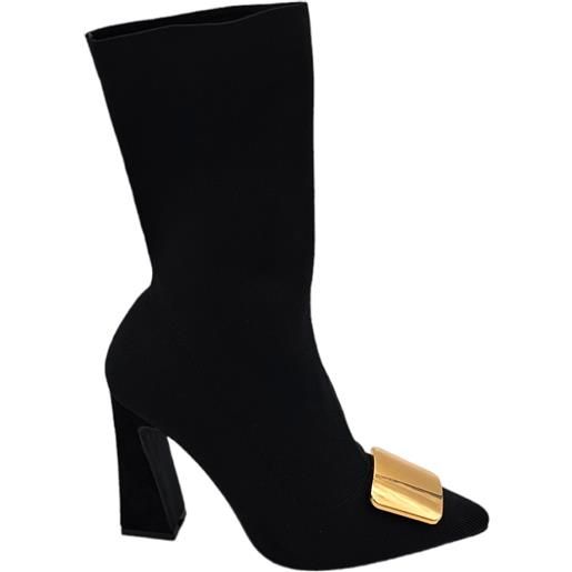 Malu Shoes stivaletti tronchetti donna a punta in licra effetto calzino nero con tacco largo 10 cm zip aderenti placchetta oro