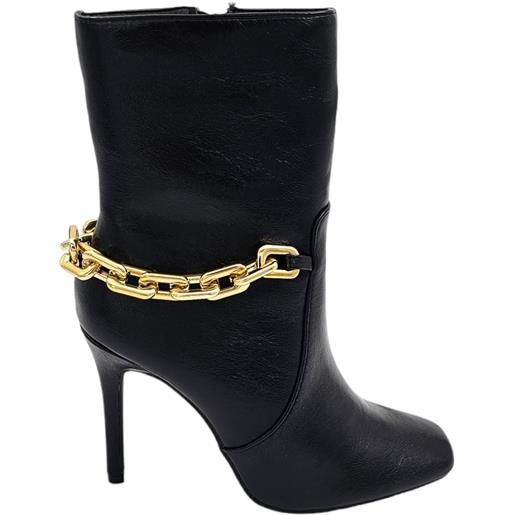 Malu Shoes scarpe tronchetto punta donna con tacco alto sottile 12cm e plateau 1cm alla caviglia nero zip laterale con catena oro