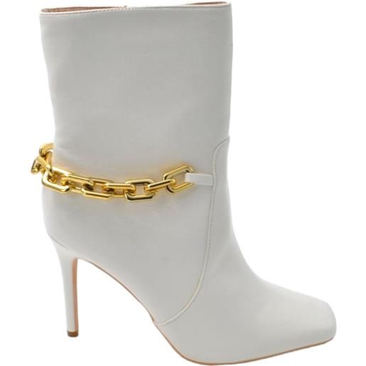 Malu Shoes scarpe tronchetto punta donna con tacco alto sottile 12cm e plateau 1cm alla caviglia bianco zip laterale con catena oro