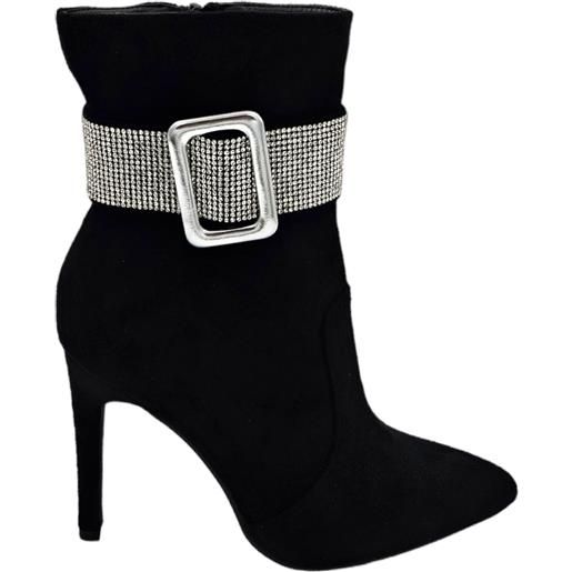 Malu Shoes tronchetto stivaletto nero donna camoscio aderente a punta tacco sottile 12 alla caviglia cinturino di strass e fibbia
