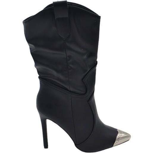 Malu Shoes tronchetto stivaletto nero donna in ecopelle a punta tacco spillo 12 altezza al polpaccio morbido punta argento con zip