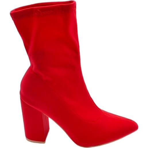 Malu Shoes stivaletti tronchetti donna a punta in licra effetto calzino rosso con tacco largo 6 cm zip aderenti al polpaccio sexy