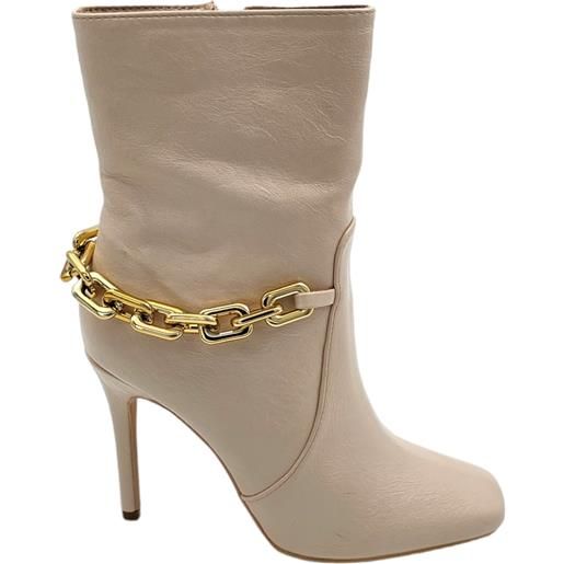 Malu Shoes scarpe tronchetto punta donna con tacco alto sottile 12cm e plateau 1cm alla caviglia beige zip laterale con catena oro
