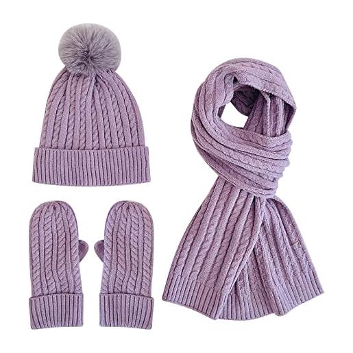 QWUVEDS cappello invernale da donna, lavorato a maglia, sciarpa, tinta unita, in velluto, caldo, set da 3 pezzi, sciarpa per adolescenti e ragazze, lilla, taglia unica