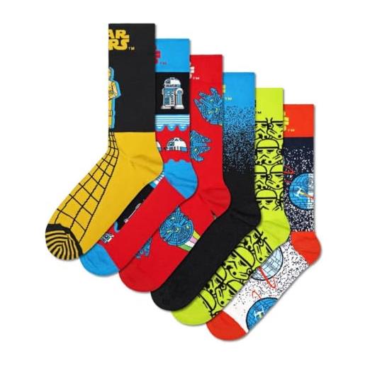 Happy Socks pacco di 3 calzini star wars, scatole regalo con calzini dart fener e yoda e spade laser ai lati taglia 36-40