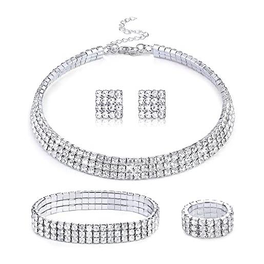 Kakonia set di gioielli in cristallo con strass collana girocollo con strass orecchini bracciale elasticizzato con strass anello gioielli per feste nuziali 3 file