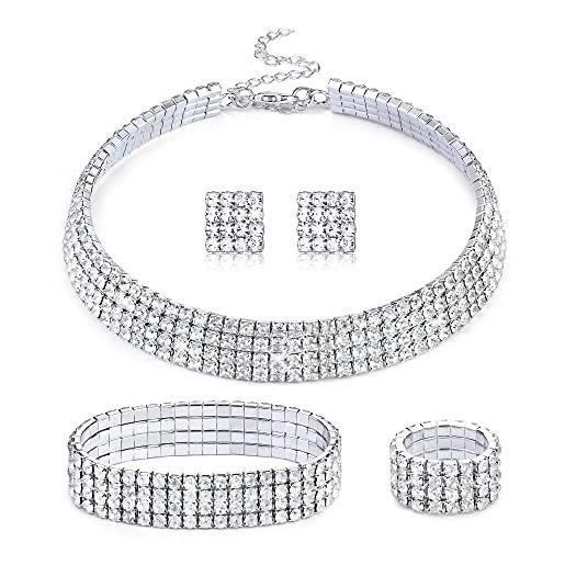 Kakonia set di gioielli in cristallo con strass collana girocollo con strass orecchini bracciale elasticizzato con strass anello gioielli per feste nuziali 4 file