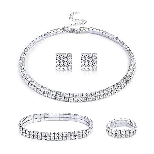 Kakonia set di gioielli in cristallo con strass collana girocollo con strass orecchini bracciale elasticizzato con strass anello gioielli per feste nuziali 2 file