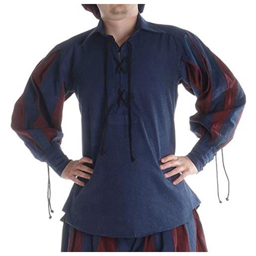 HEMAD camicia landsknecht medievale uomo - parte anteriore del pizzo, maniche a sbuffo, cotton - s/m blu & rosso