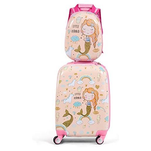 RELAX4LIFE 2 in 1 set di valigie per bambini, trolly 18''+zaino 12'', valigia trolley con ruote girevoli, zaino con piedini in plastica (sirena)