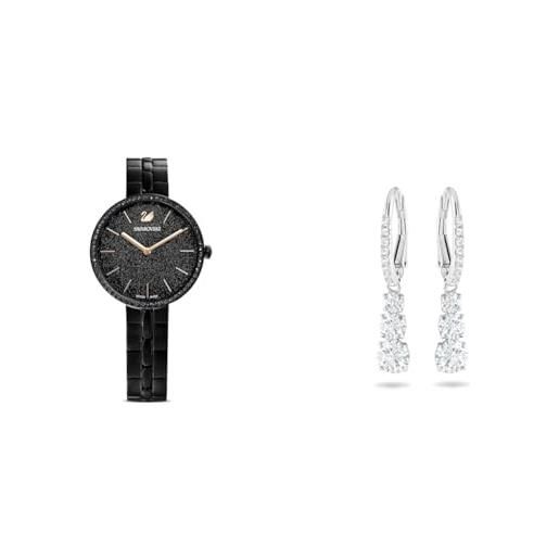 Swarovski cosmopolitan orologio, con cristalliSwarovski e bracciale di metallo, finitura in nero, meccanismo al quarzo, nero & orecchini attract trilogy, bianco, placcato rodio