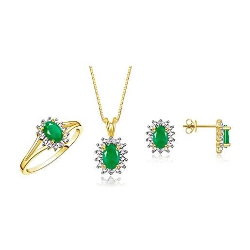 Rylos genuine smeraldo & diamond ciondolo, orecchini e anello, in oro giallo 14 k placcato argento con confezione regalo