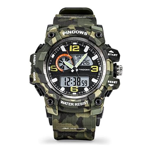 PINDOWS orologio militare uomo, retroilluminazione a led puntatori digitali casual watch, esterni sportivo orologio militare tattico, 50 m impermeabile elettronico casual wristwatch, green camouflage