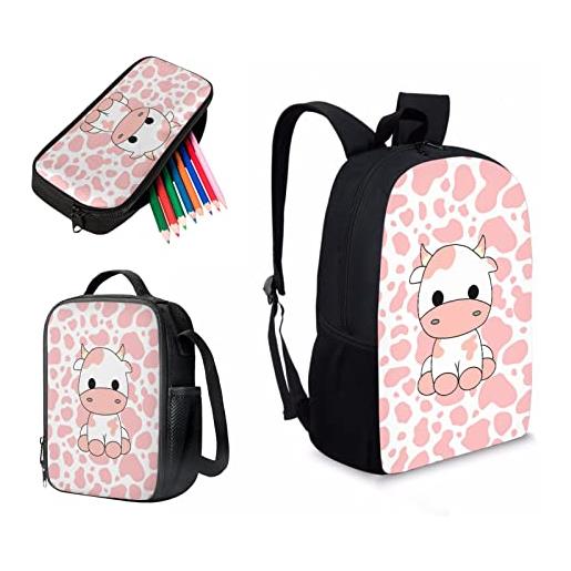 Kuiaobaty zaino per la scuola per bambini, 3 pezzi, per ragazze, ragazzi, dinosauro, calcio, lupo, cavallo, borse a tracolla per studenti e adolescenti, astuccio per il pranzo, mucca rosa kawaii, set