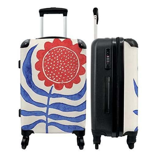 NoBoringSuitcases.com® valigia grande - fiore - pianta - rosso - blu - chiusura a combinazione tsa - trolley rigido 4 ruote - 90 litri - valigia da viaggio - 66 cm