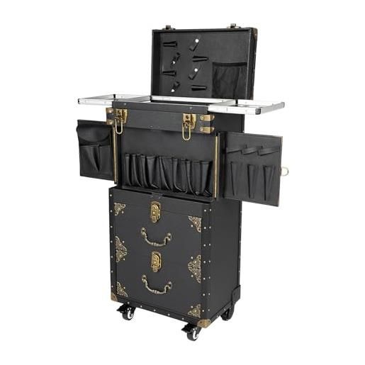SUBKUDY valigetta cosmetica a 4 livelli, per parrucchieri, trucchi, beauty case con ruote, beauty case, design delle unghie, valigia per parrucchieri, trucchi, nero , caso cosmetico a 4 livelli