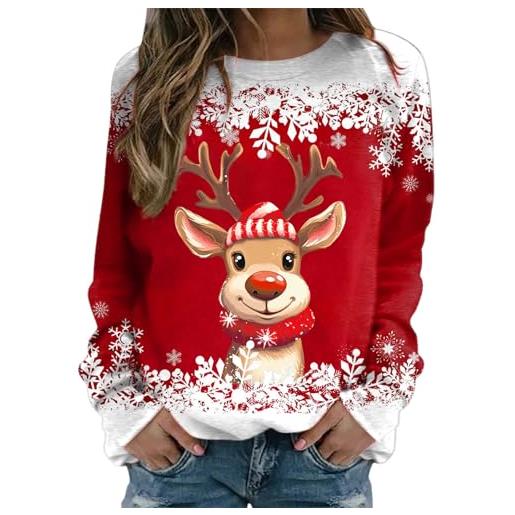 Duohropke maglione natalizio da donna, a maniche lunghe, girocollo, con babbo natale, rudolfo, renna, elfo, divertente, con stampa 3d, maglione natalizio, colore: rosso, s