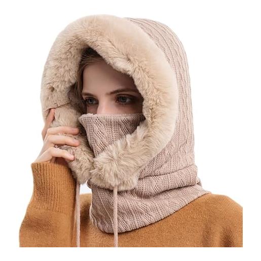 HESYSUAN winter warm cashmere collar knitted hat women's warm 3 in 1 beanie plush hoodie cap scarf mask set outdoor windproof knitted hat (beige, one size)