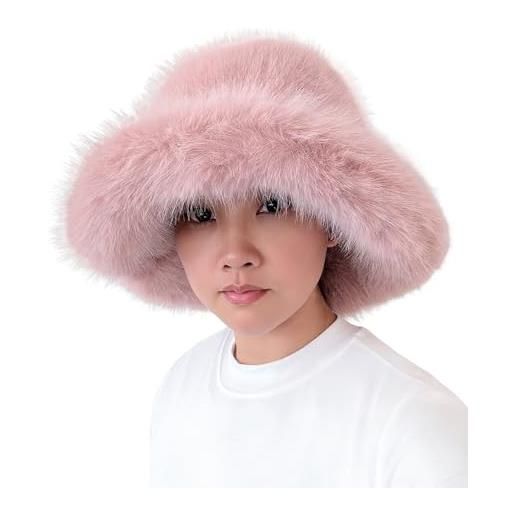 Lina & Lily grande cappello da pescatore donna invernale in pelliccia sintetica pelo lungo (rosa cipria)