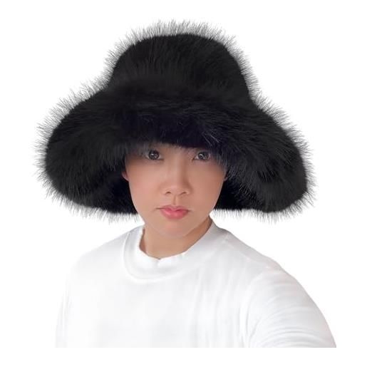 Lina & Lily grande cappello da pescatore donna invernale in pelliccia sintetica pelo lungo (nero)