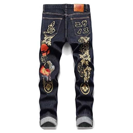 Alloaone jeans elasticizzati con ricamo da uomo lettere di fiori di gallo pantaloni di jeans ricamati pantaloni blu neri blue 34
