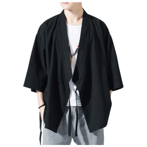 Ambcol cardigan da uomo giapponese kimono allentato cotone lino manica 3/4 aperto davanti casual estate camicia giacche, 02- verde militare, m