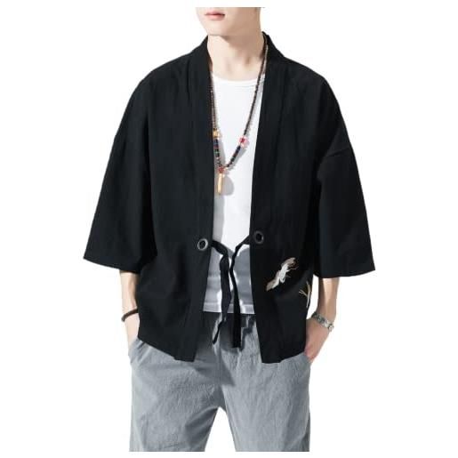 Ambcol cardigan kimono giapponese da uomo allentato cotone lino manica 3/4 aperto davanti casual camicia estiva giacche, 05- celadon, x-large