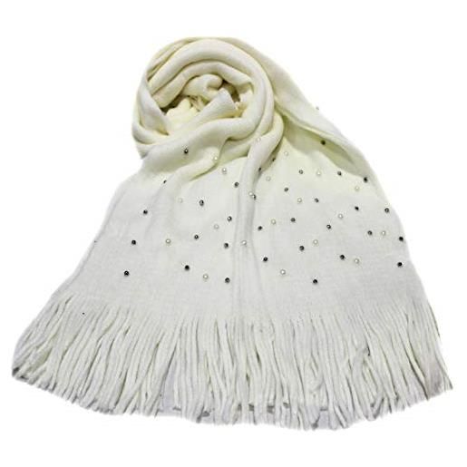 Gian marco venturi sciarpa donna 100% acrilico con frange e perle 61957 bianco