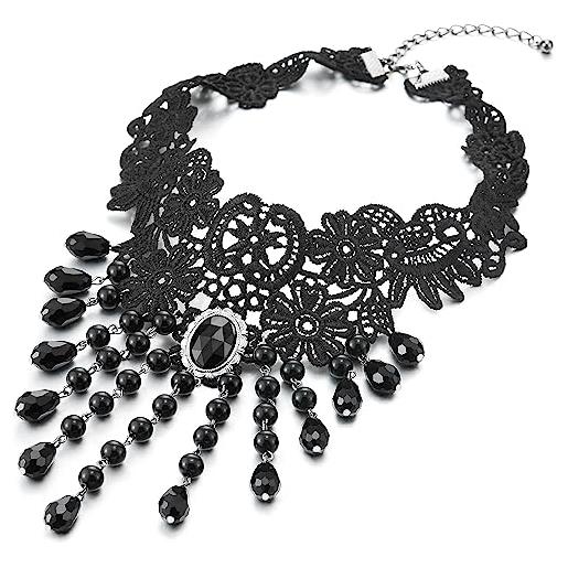 COOLSTEELANDBEYOND donna gotico vittoriano nostalgico nero pizzo choker collana con pendenti nero perlina charm collegamento chain pendente