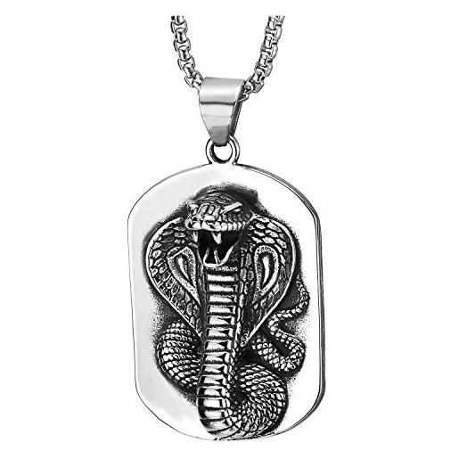 COOLSTEELANDBEYOND annata alzata arrotolato cobra serpente dog tag ciondolo, collana con pendente da uomo, acciaio, catena del grano 75cm