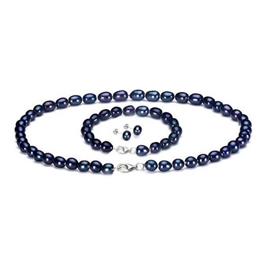 TreasureBay fab - elegante set di gioielli per donne e ragazze con collana, bracciale e orecchini con perle d'acqua dolce a forma di riso da 7-8 mm, argento, perla