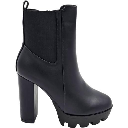 Malu Shoes stivaletto tronchetto alto donna pelle nero con tacco largo 15 e plateau 4 cm linea basic elastico chelsea moda platform