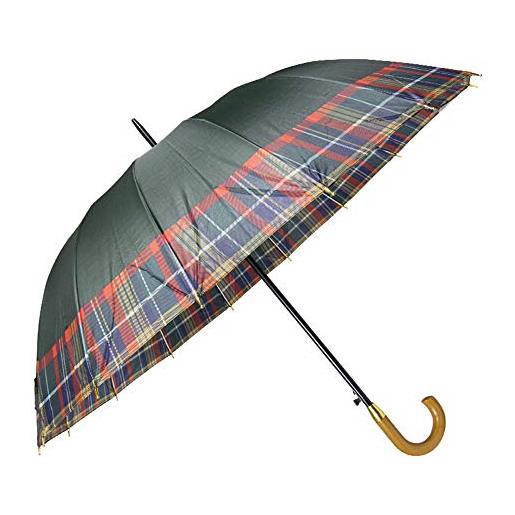 Virsus ombrello maxi grande con dettagli scozzesi da uomo e donna - antivento, automatico, manico e asta effetto legno, 16 stecche (verde)