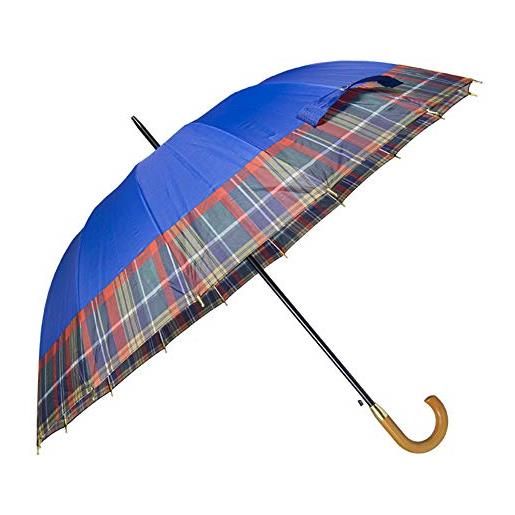 Virsus ombrello maxi grande con dettagli scozzesi da uomo e donna - antivento, automatico, manico e asta effetto legno, 16 stecche (blu)