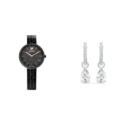 Swarovski cosmopolitan orologio, con cristalliSwarovski e bracciale di metallo, finitura in nero, meccanismo al quarzo, nero & orecchini pendenti attract, taglio pear, bianchi, placcato rodio
