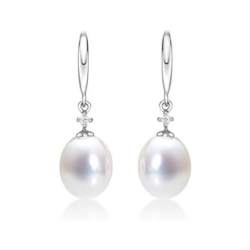Diamond Treats orecchini di perle in oro bianco 9k, orecchini pendenti con perle d'acqua dolce e zirconi in oro bianco 9 carati, orecchini oro bianco donna con perle di coltura d'acqua dolce