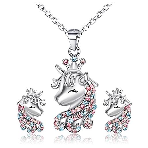 EVER FAITH set di gioielli unicorno per ragazze, 925 argento multicolore cz unicorno collana orecchini set regalo di compleanno per figlia nipote