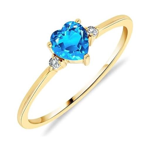 Planetys anello solitario da donna in oro giallo 375/1000 con topazio blu svizzero naturale taglio cuore e diamanti, 14, metallo, topazio blu svizzera