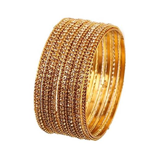 Touchstone golden bangle collection indian bollywood traditional yellow rhinestone filigree designer jewelry metal bangle bracelets for women in antique gold tone. Set of 13. 