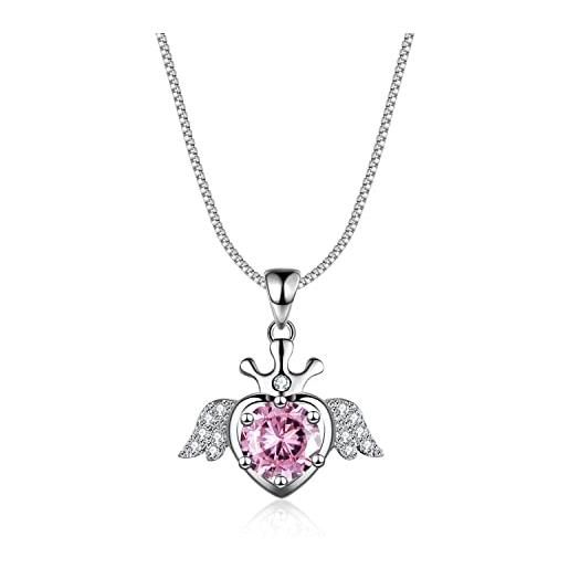 Bellitia Jewelry collana con ciondolo a forma di ali d'angelo in argento sterling 925 con catena regolabile per lei, collana con pietra tormalina rosa, regalo per donne e ragazze