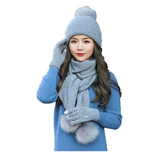 Zengyuan cappello di lana lavorato a maglia donna sciarpa un guanto tre pezzi freddo-prova calda palla di lana set, azzurro, m