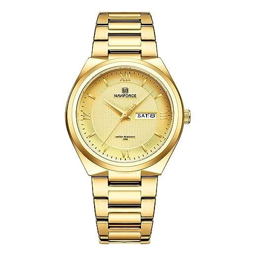 Naviforce reloj de pulsera casual para hombre, reloj de acero inoxidable resistente al agua con fecha y movimiento de cuarzo analógico (gold)