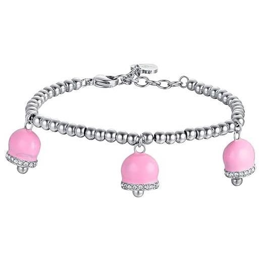 Luca Barra bracciale, collezione summer. Bracciale da donna in acciaio con campanelle con smalto rosa e cristalli bianchi. La referenza è bk2465